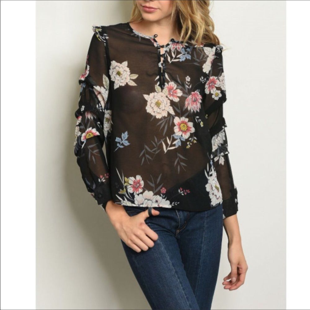 NWT Black Sheer Floral Print Tunic Blouse S, M, L